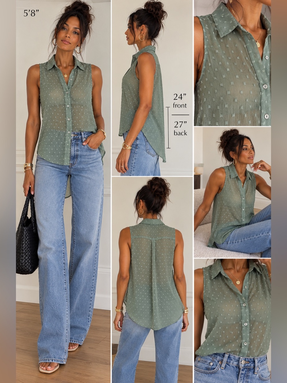 H&M Sleeveless Sheer Swiss dot Button-Down Top in Sage Green